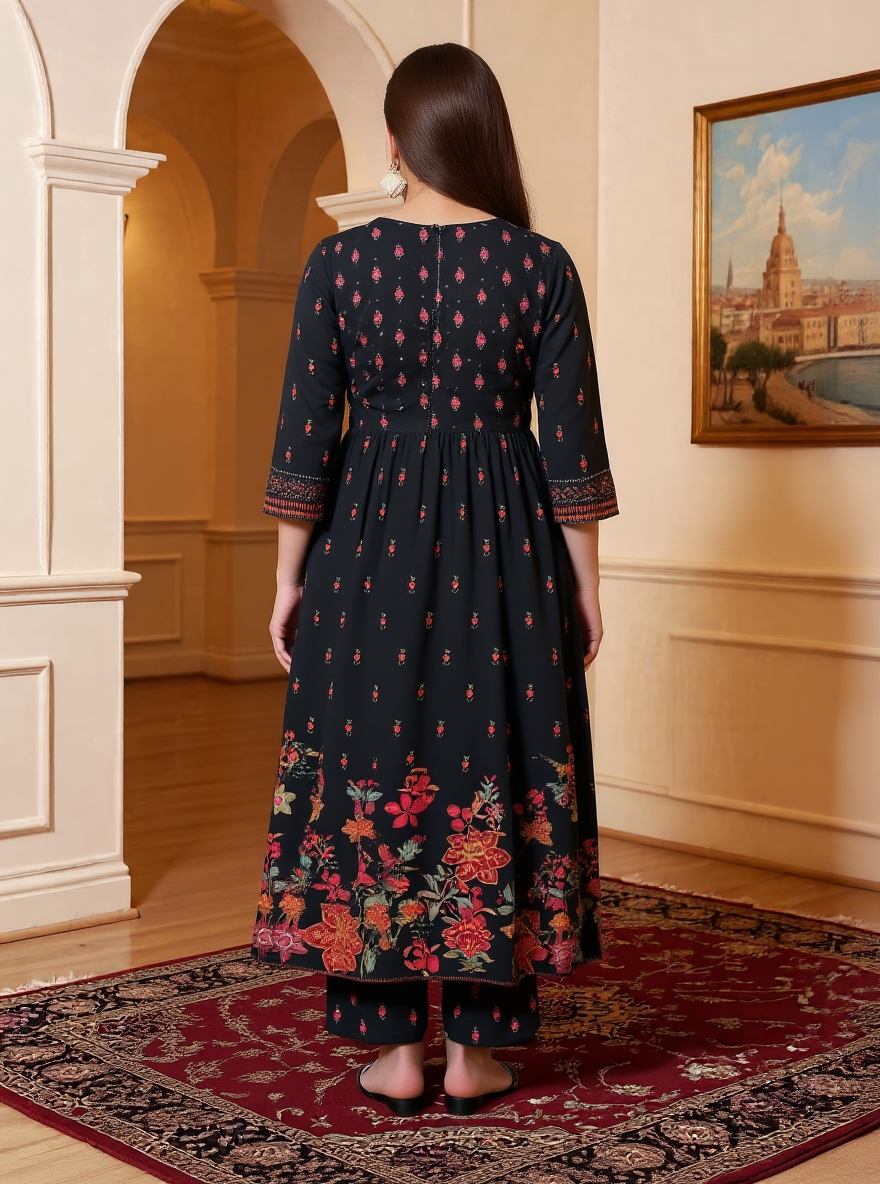 Viscose Floral Flared Black Kurta