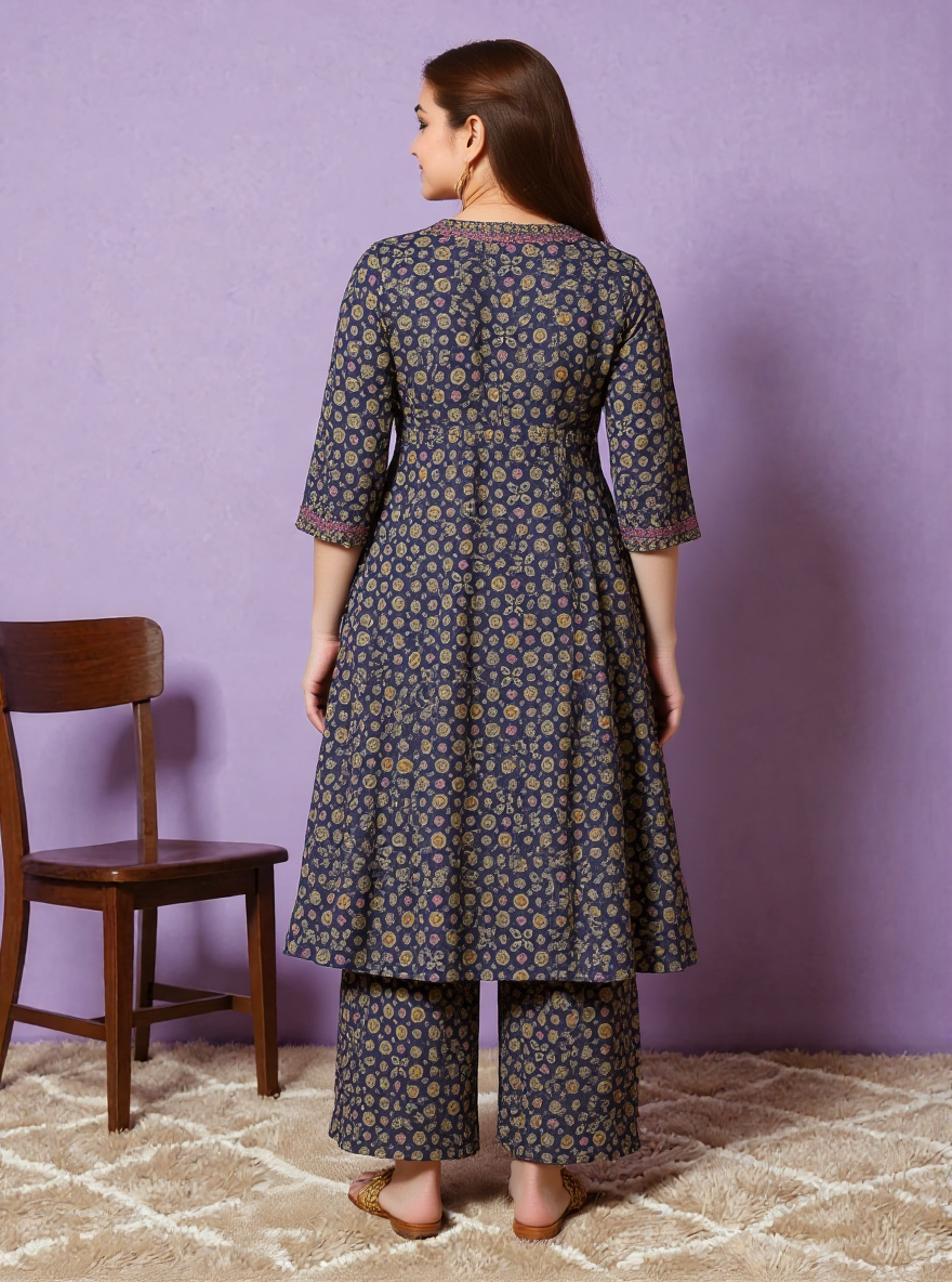 Soft Cotton Geometric Angrakha Navy Blue Kurta