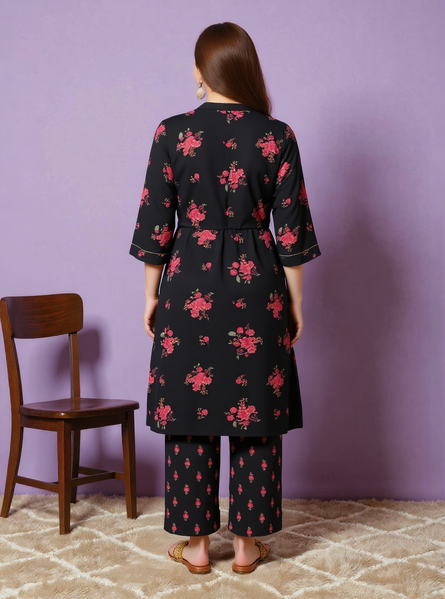 Embroidered Viscose Floral Straight Black Kurta