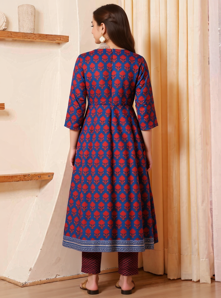 Embroidered Soft Cotton Block Print Flared Navy Blue Kurta