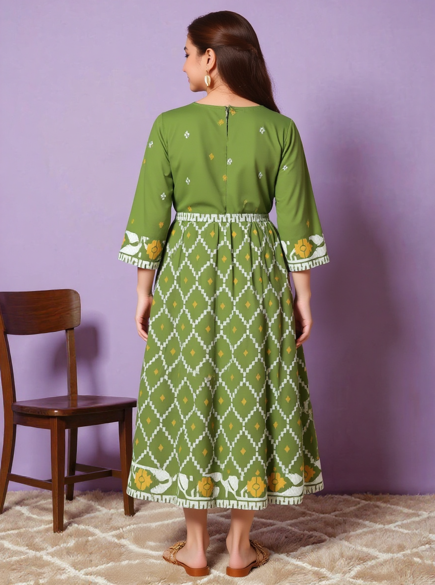 Soft Cotton Geometric Flared Green Dress