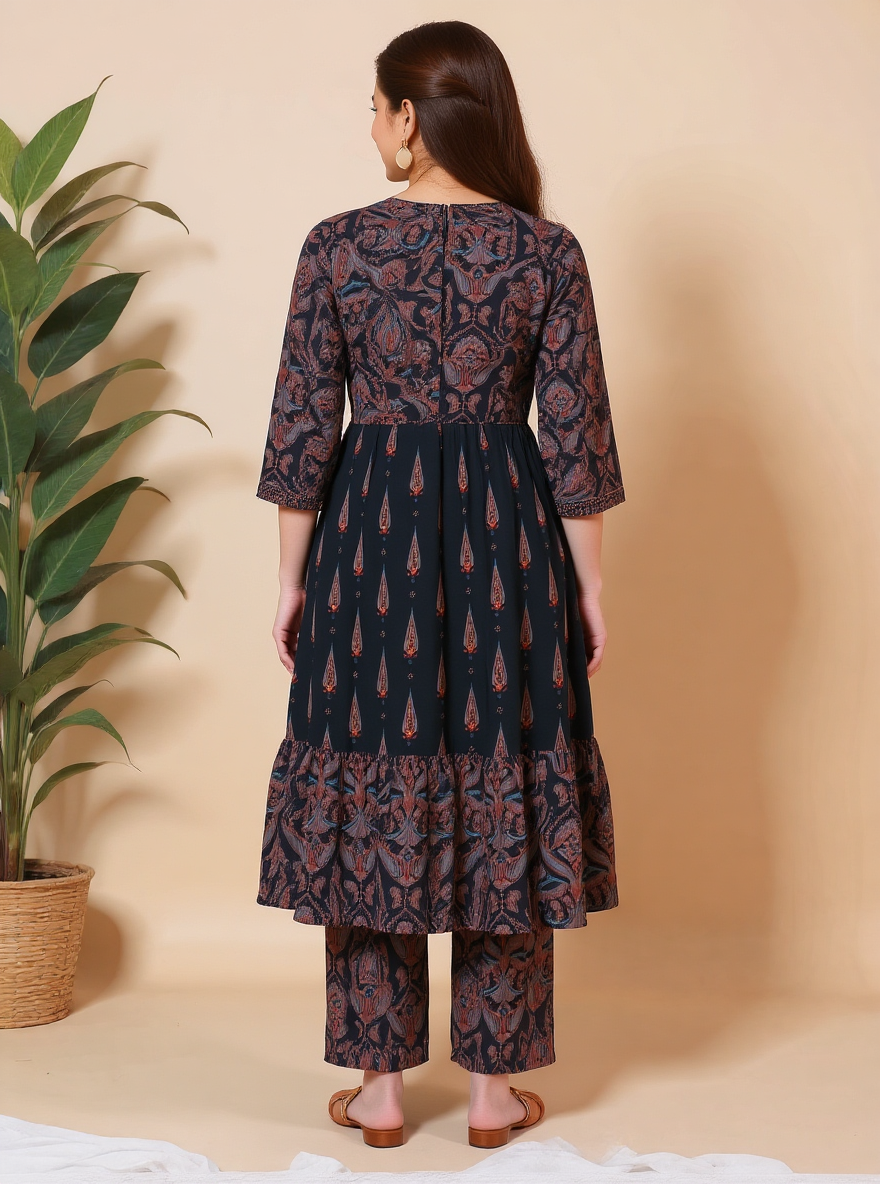 Soft Cotton Geometric Anarkali Black Kurta