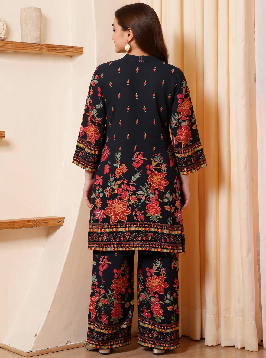 Viscose Placement Print Straight Black Kurta
