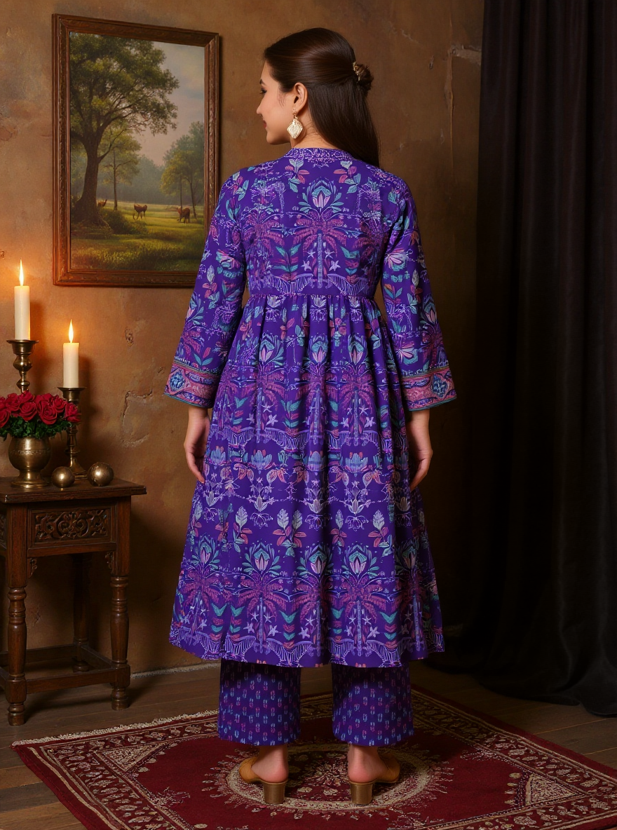 Embroidered Soft Cotton Floral Anarkali Purple Kurta