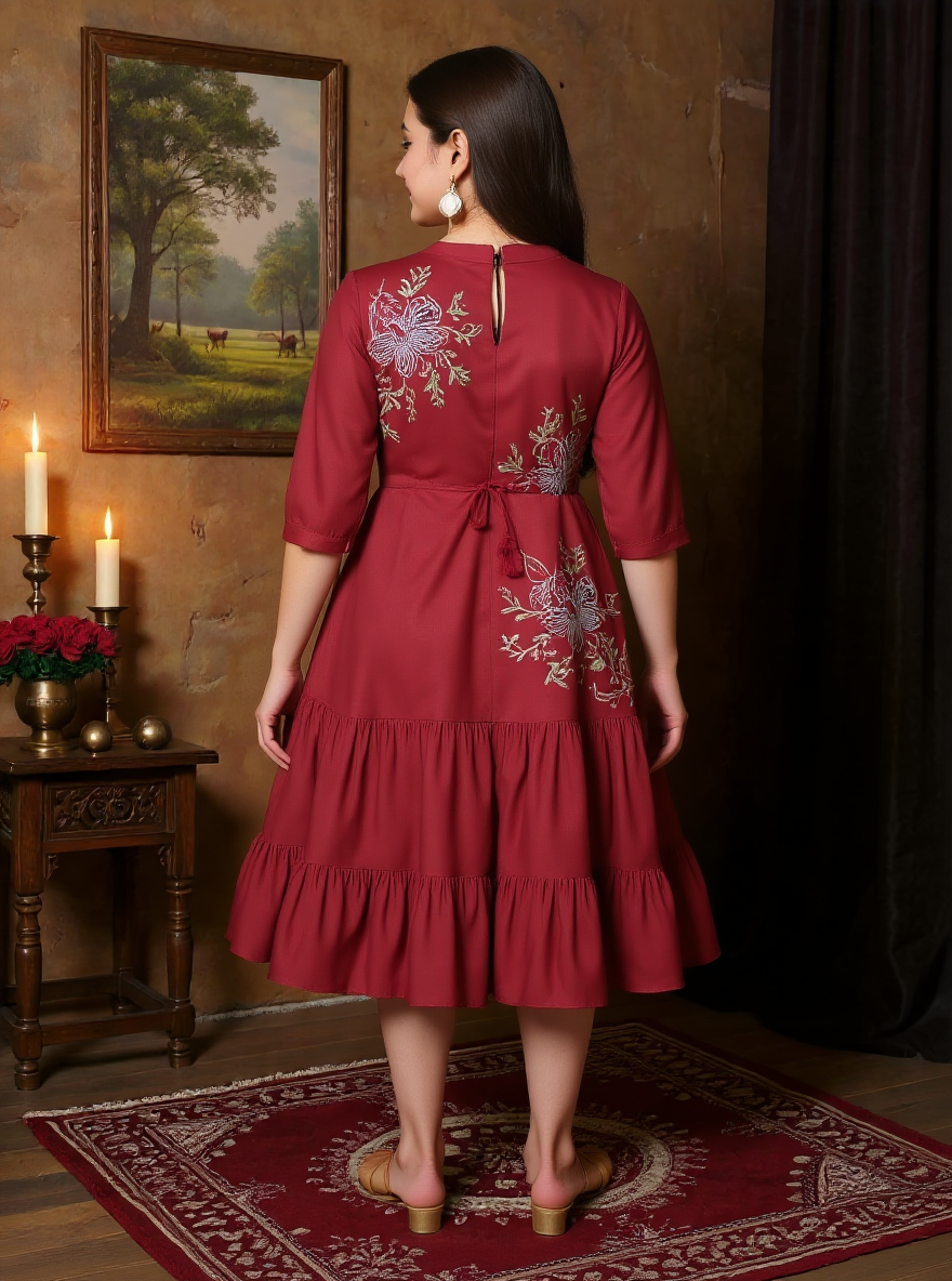 Embroidered Blend Cotton Solid A-line Maroon Dress