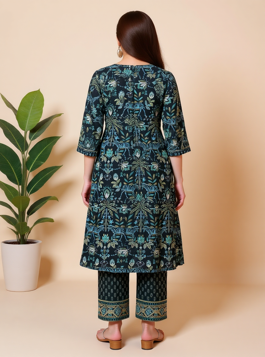Embroidered Soft Cotton Floral Straight Black Kurta