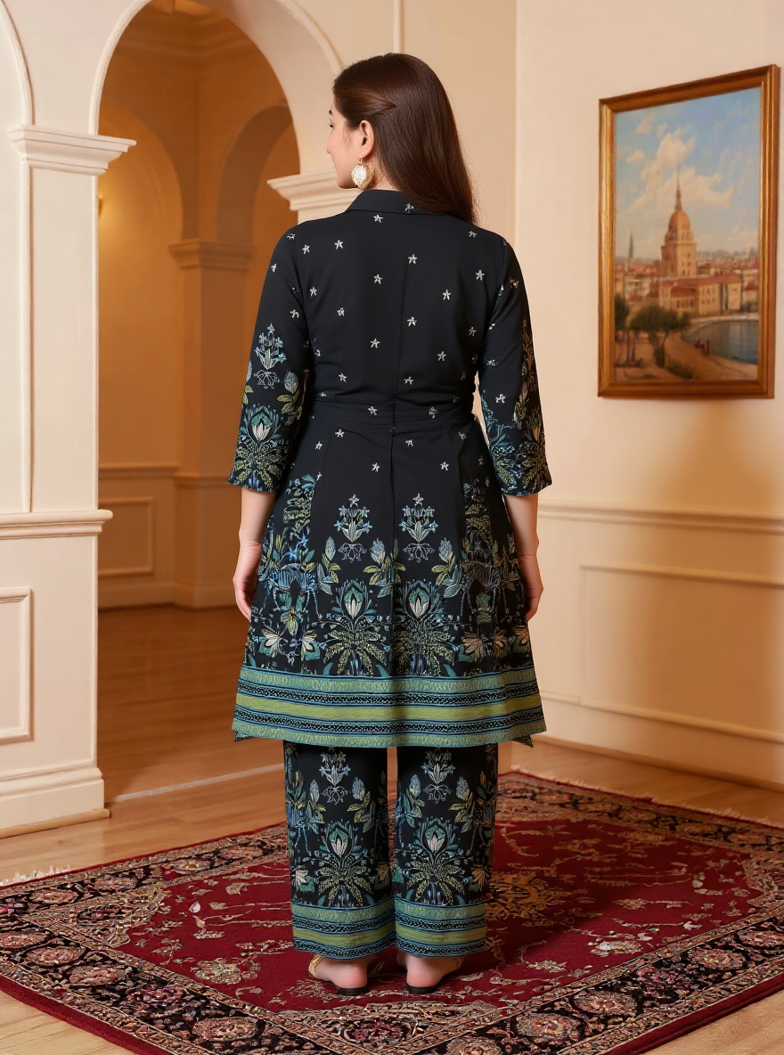 Soft Cotton Placement Print High Low Black Kurta