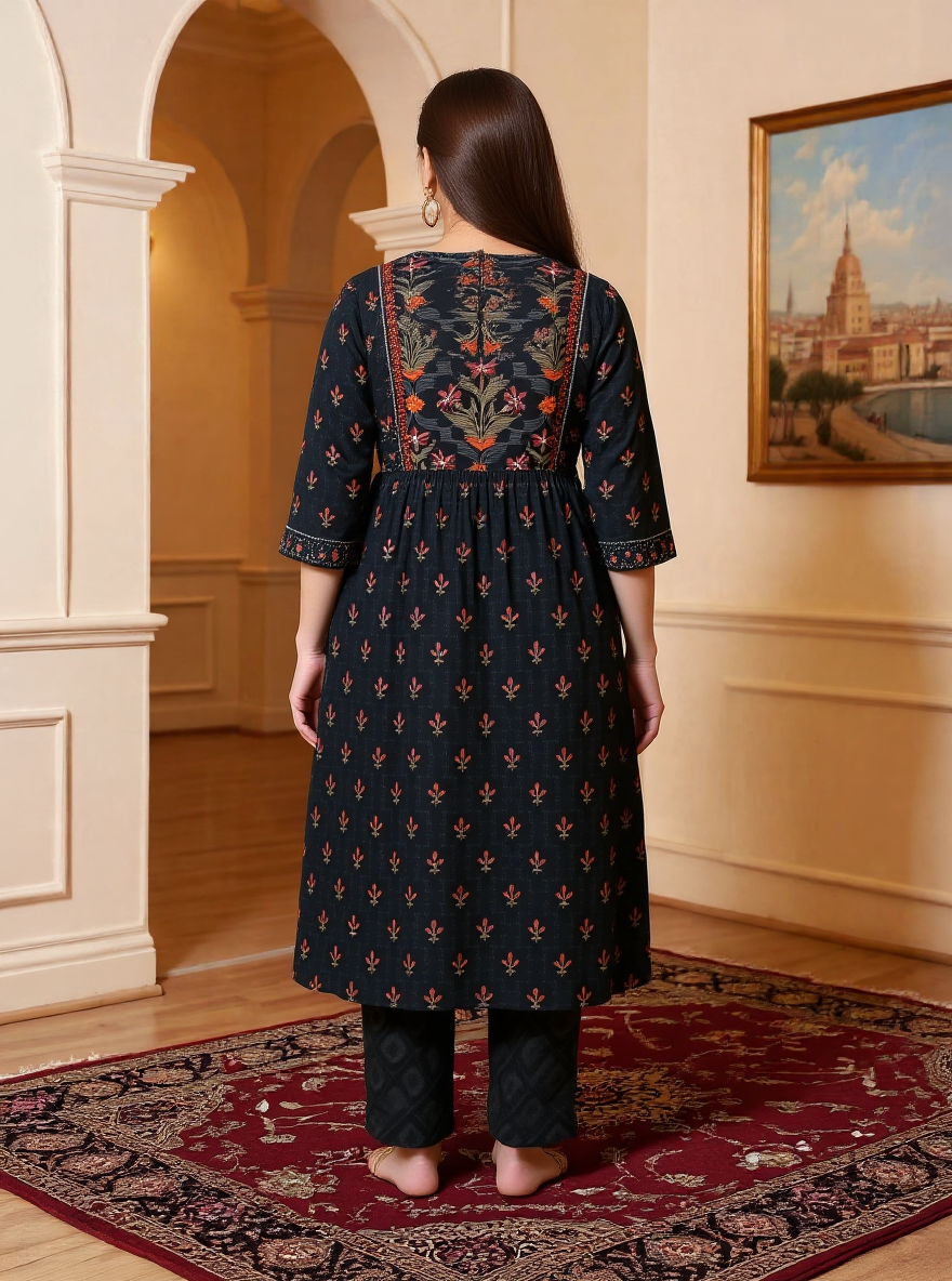 Soft Cotton Floral Flared Black Kurta