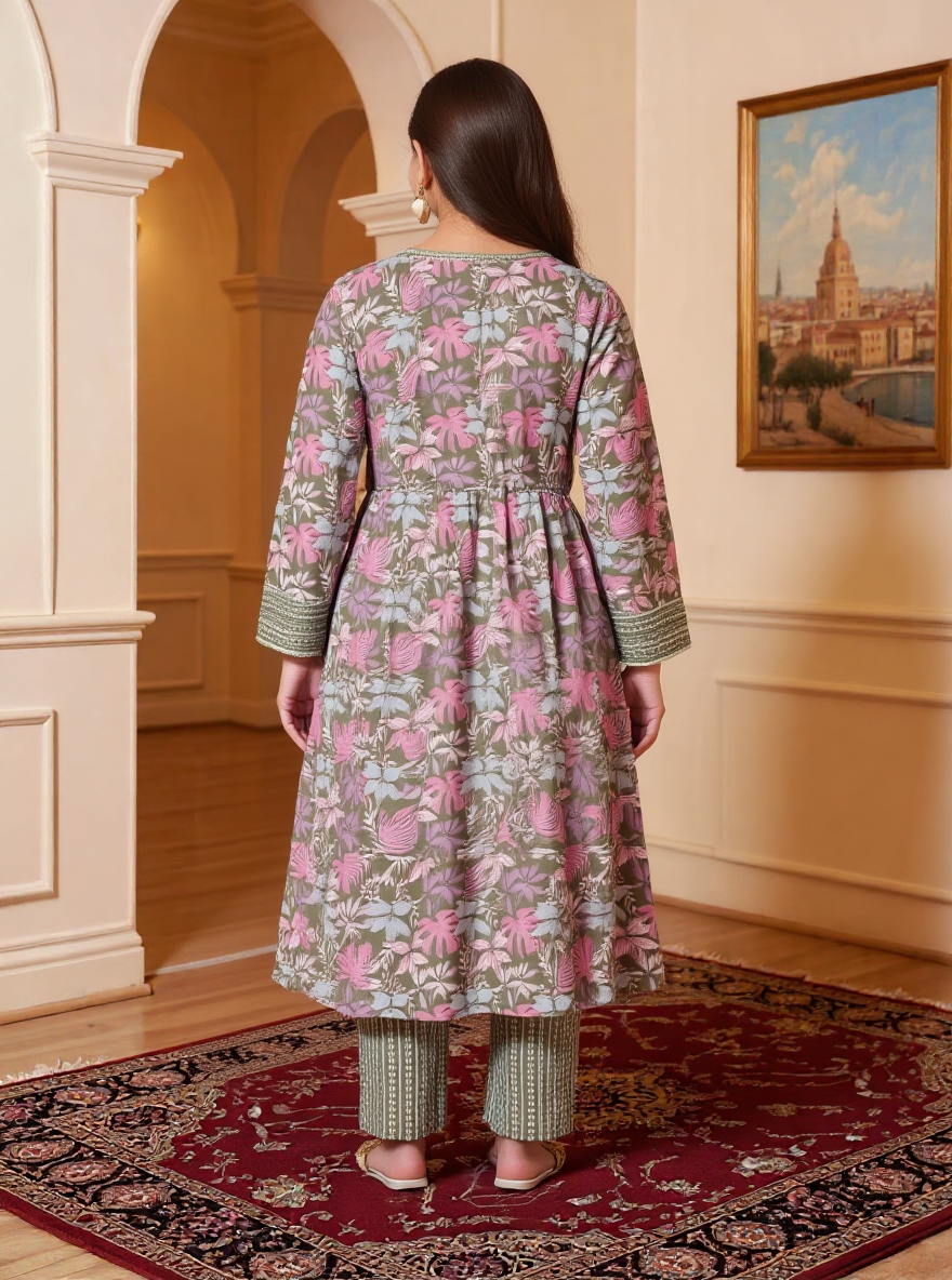 Embroidered Soft Cotton Floral Anarkali Green Kurta