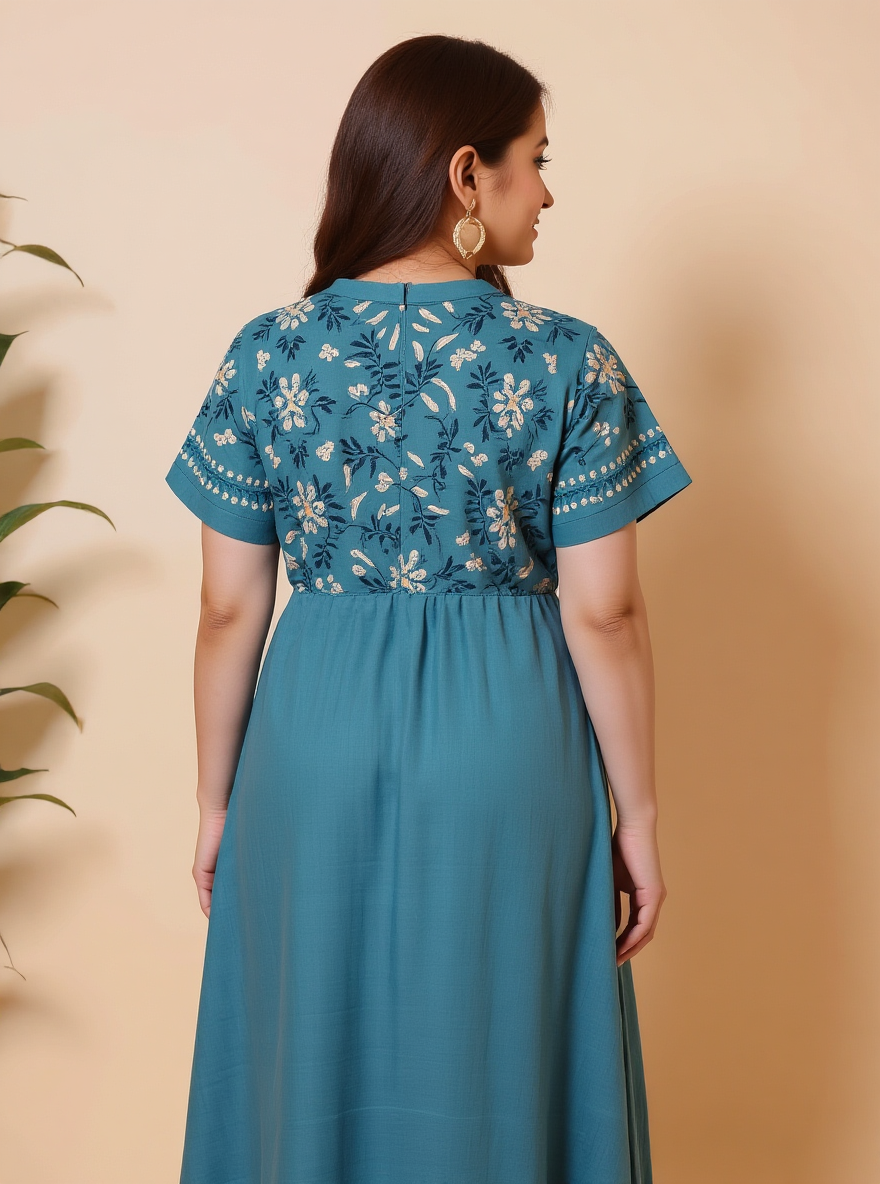 Embroidered Linen Blend Solid A-line Teal Dress
