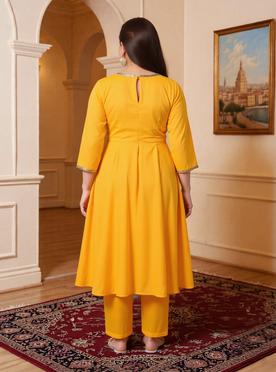 Embroidered Cotton Voile Solid Anarkali Yellow Kurta