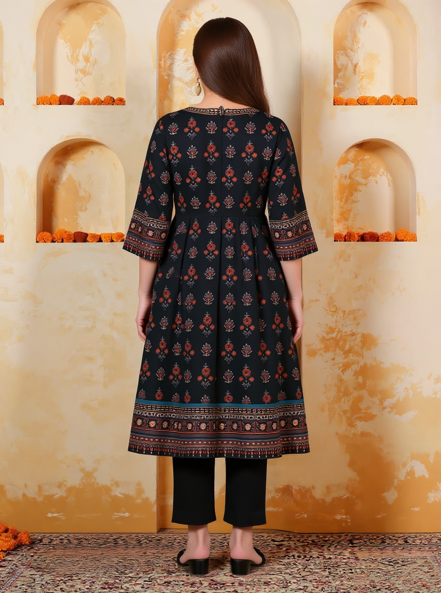 Soft Cotton Geometric Anarkali Black Kurta