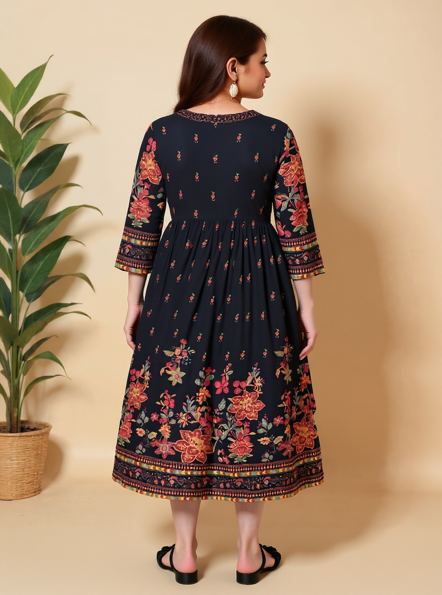 Viscose Placement Print Flared Black Dress