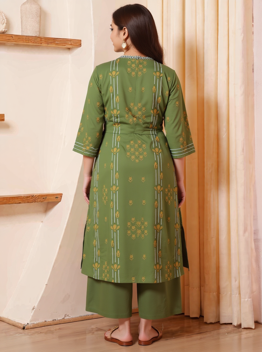 Soft Cotton Geometric A-line Green Kurta