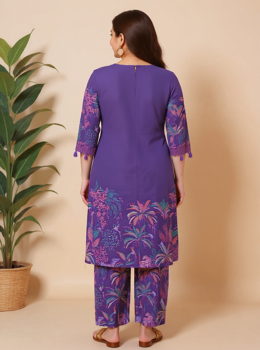 Soft Cotton Placement Print Straight Purple Kurta