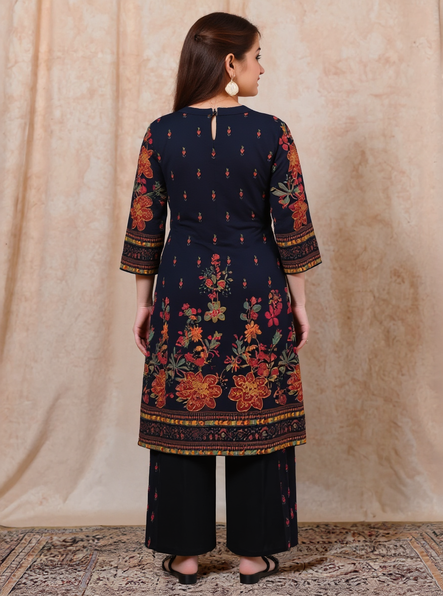 Viscose Floral Straight Black Kurta