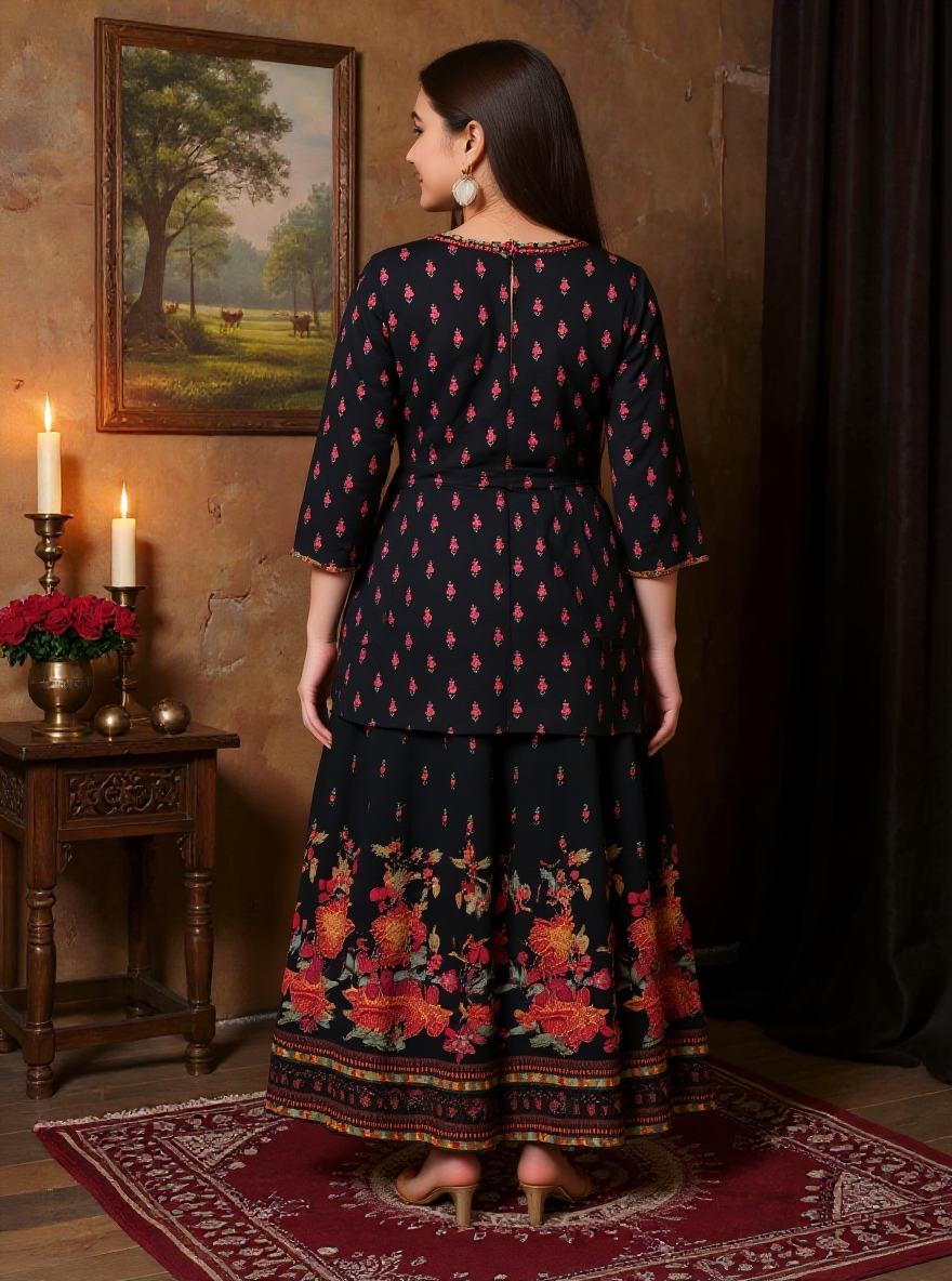 Viscose Placement Print Straight Black Kurta