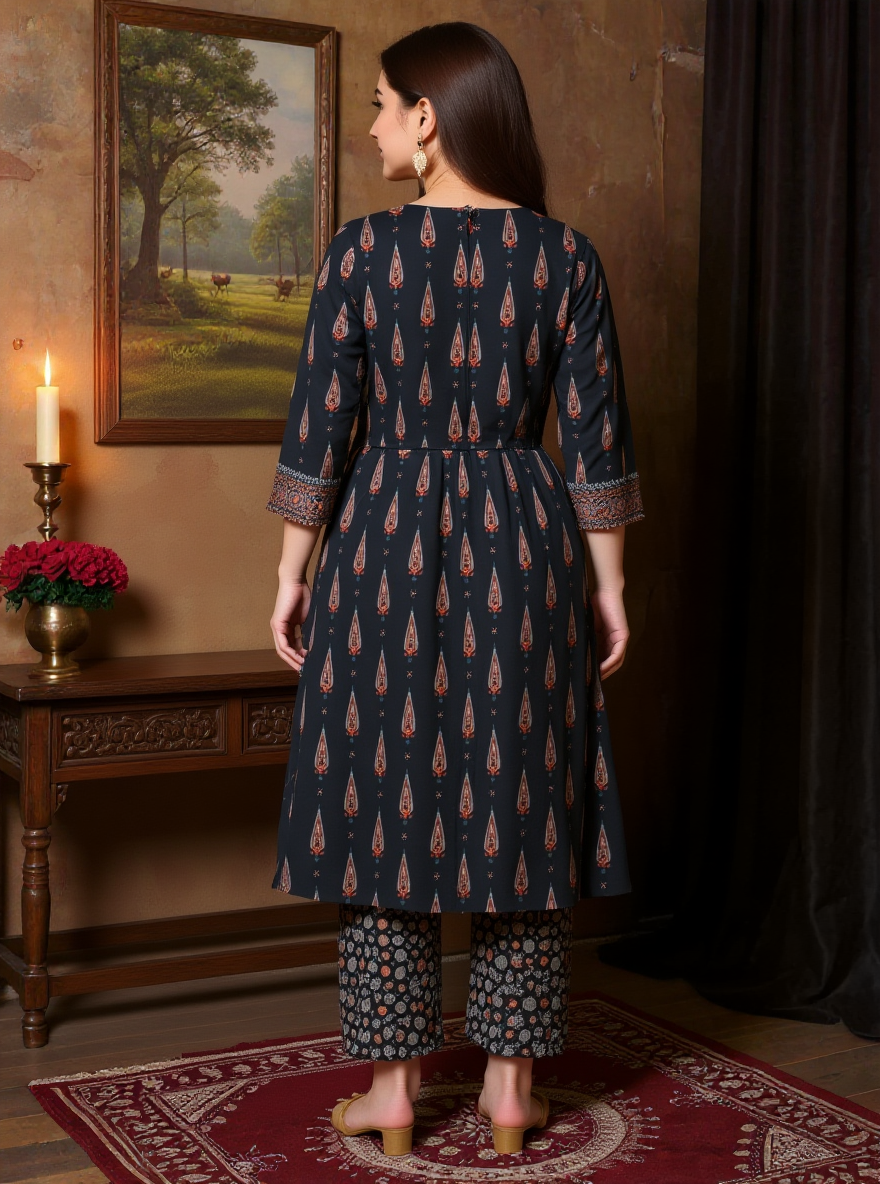 Soft Cotton Geometric Flared Black Kurta