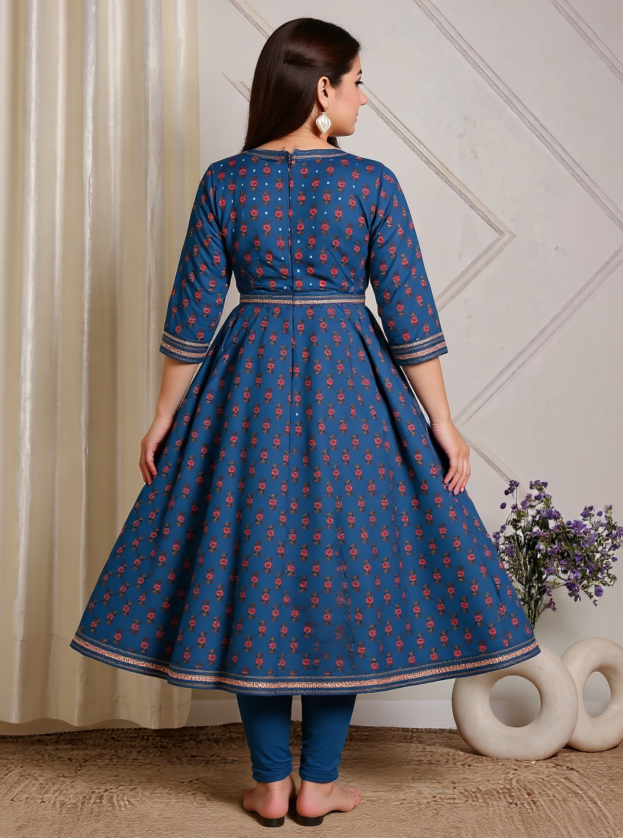Embroidered Soft Cotton Floral Angrakha Blue Kurta