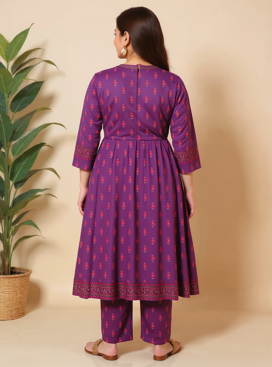 Embroidered Viscose Floral Angrakha Purple Kurta