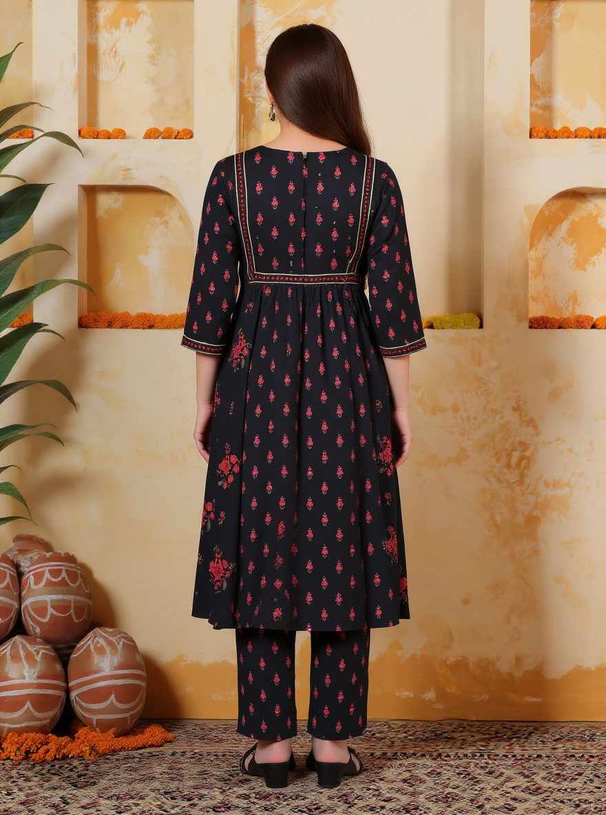 Embroidered Viscose Floral Flared Black Kurta