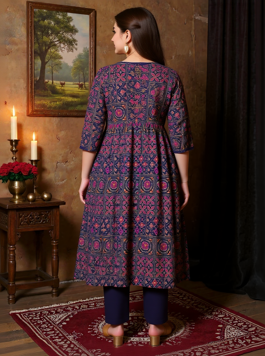 Soft Cotton Geometric Flared Navy Blue Kurta