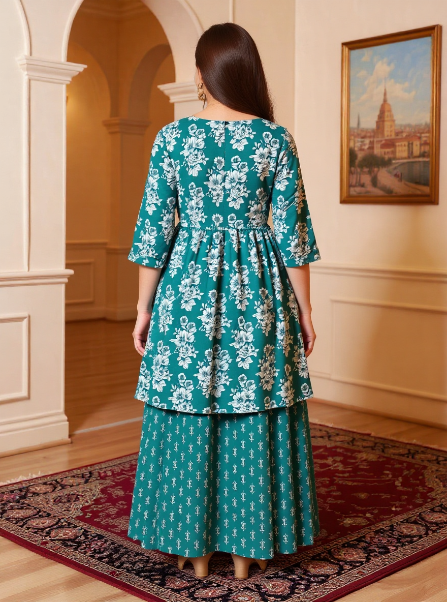 Embroidered Soft Cotton Floral Flared Green Kurta