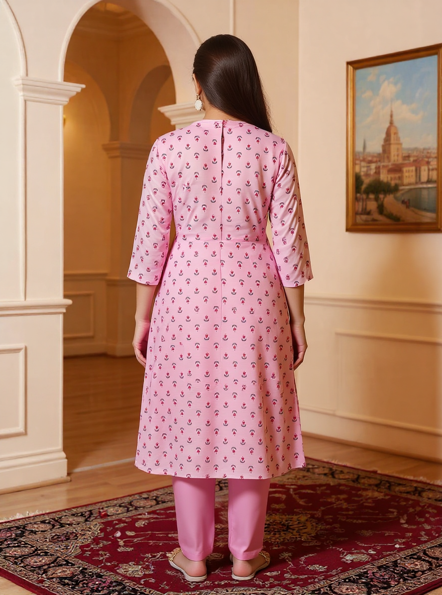 Chanderi Floral Straight Baby Pink Kurta