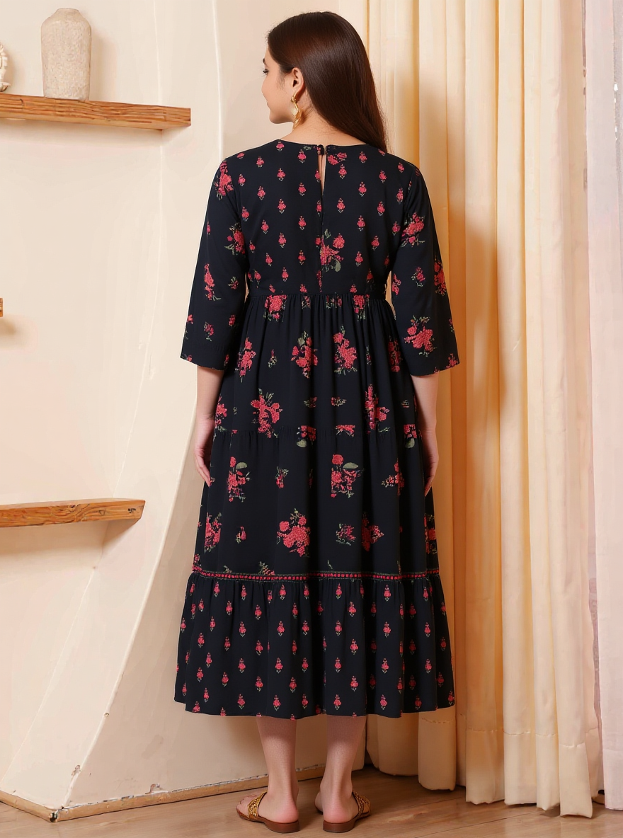 Viscose Floral Gathered Black Dress