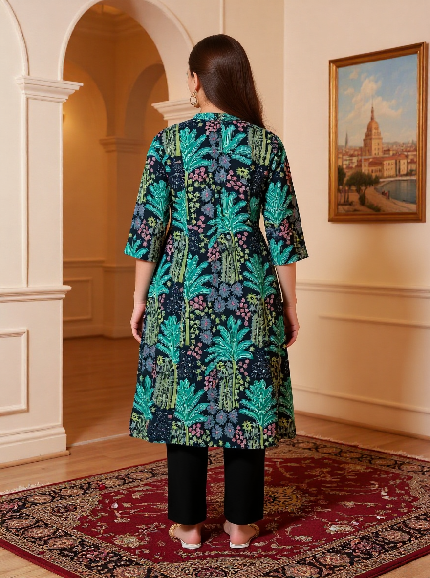 Soft Cotton Foliage Flared Black Kurta