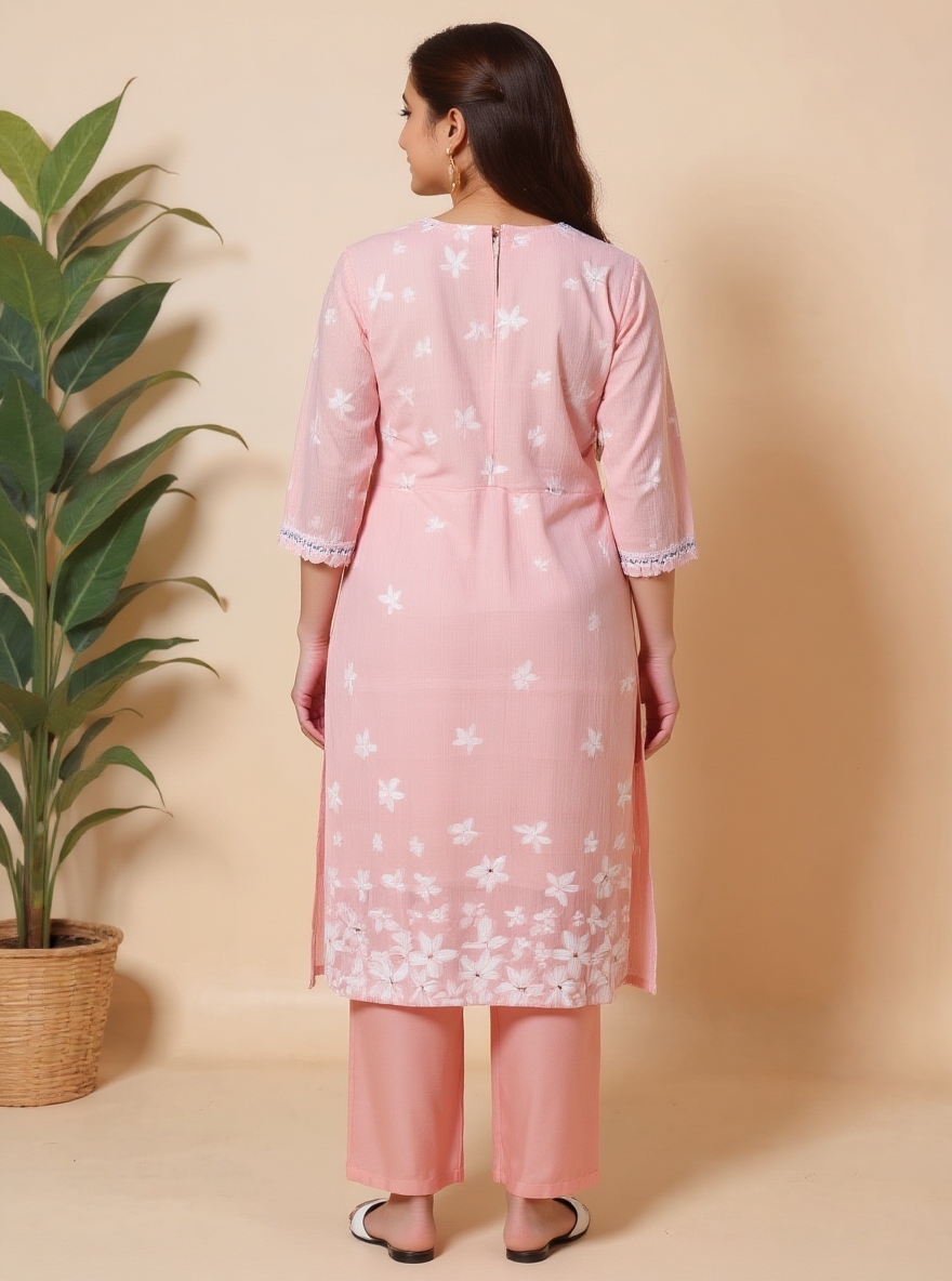 Embroidered Chanderi Floral Straight Peach Kurta