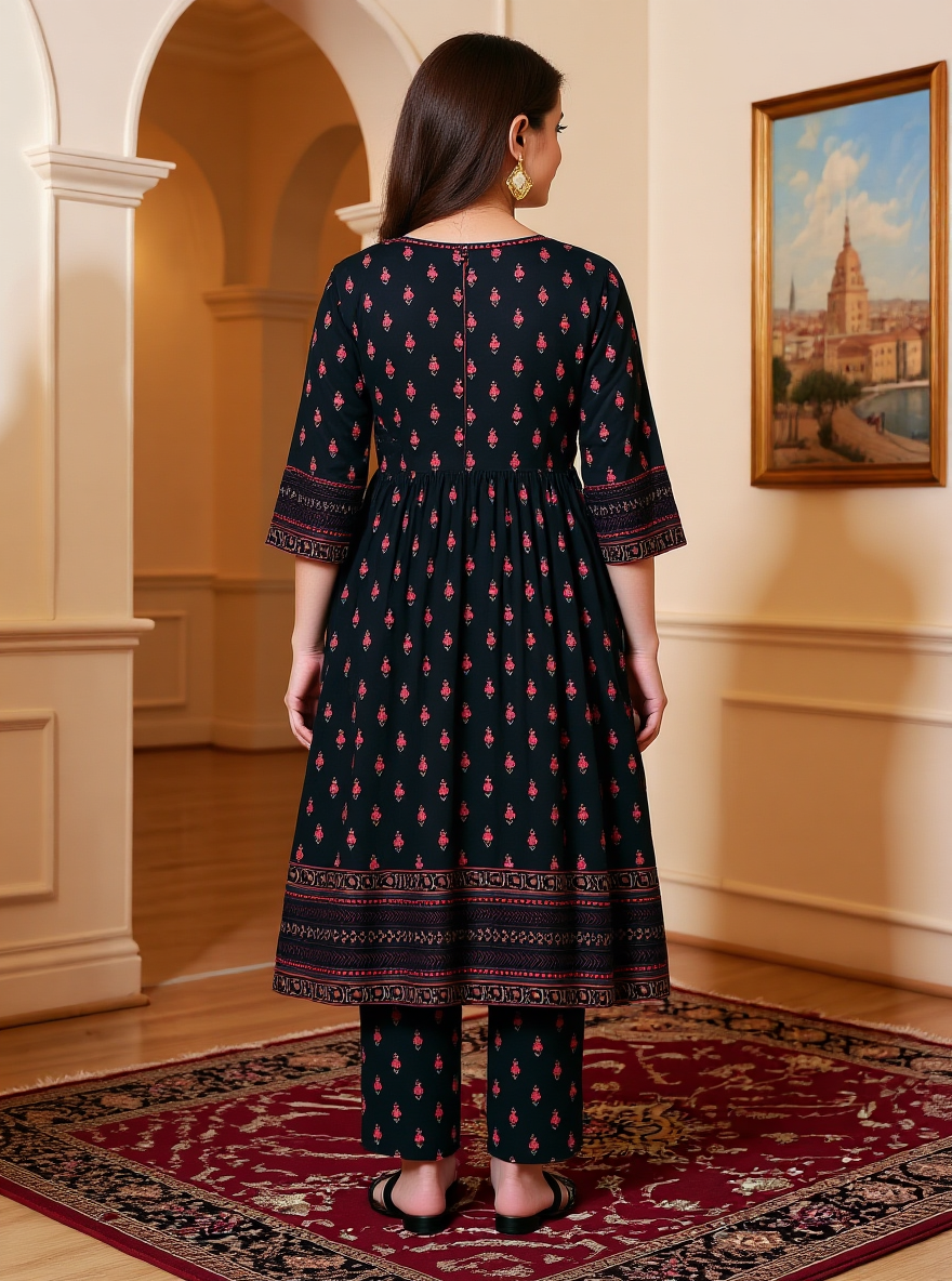 Viscose Floral Anarkali Black Kurta