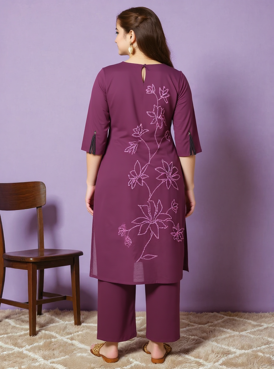 Embroidered Soft Cotton Solid Straight Wine Kurta