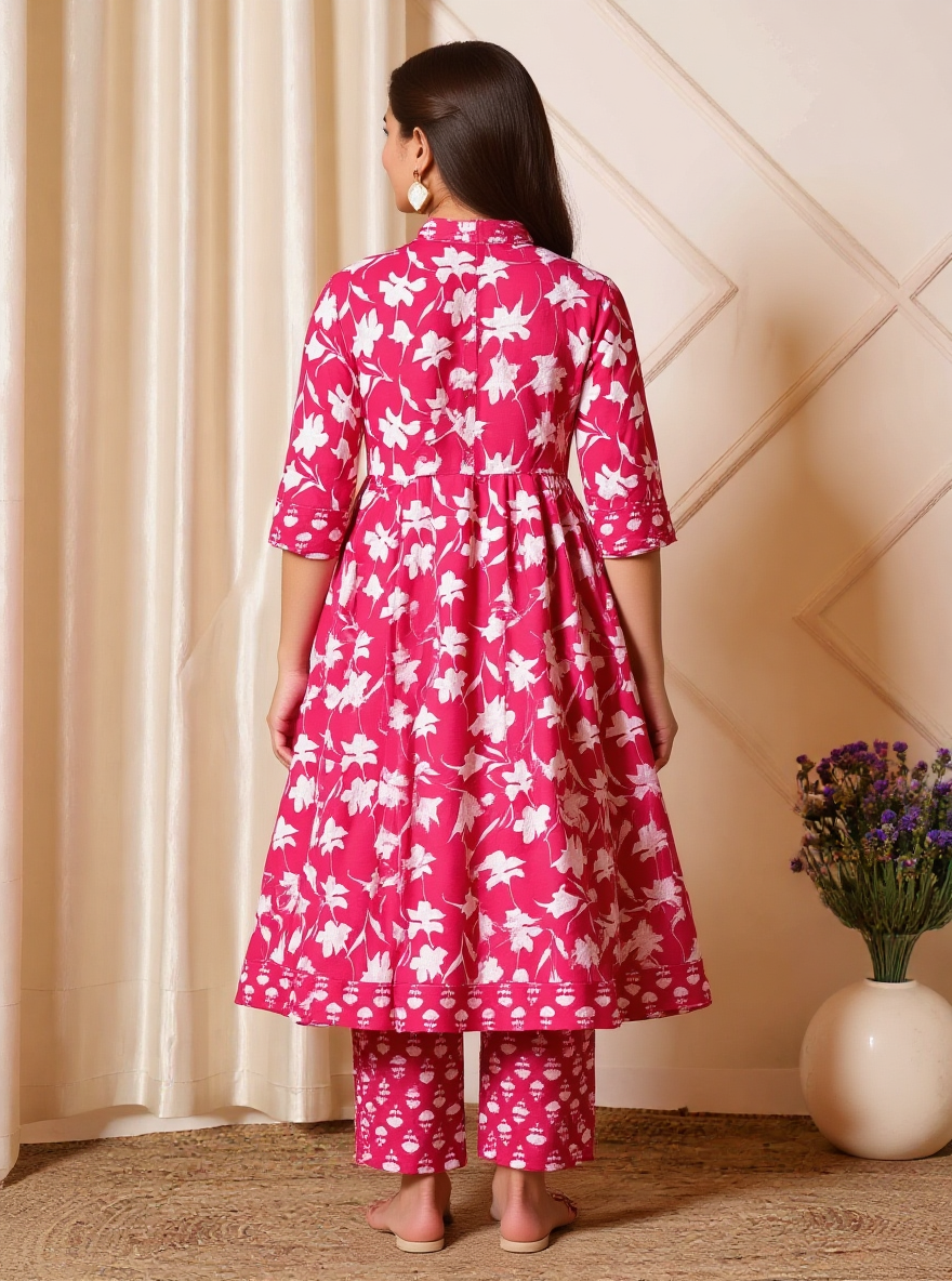 Embroidered Soft Cotton Floral Panelled Pink Kurta
