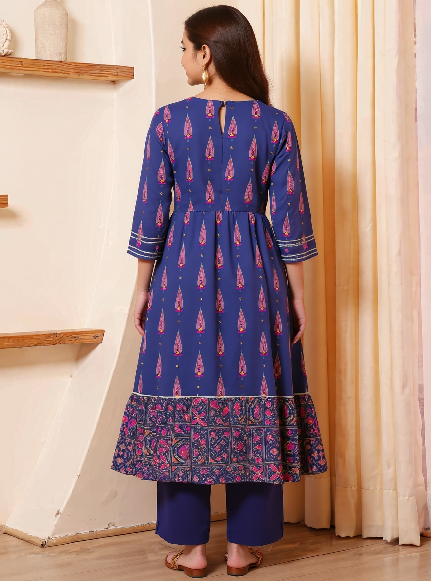 Soft Cotton Mughal Print Anarkali Purple Kurta