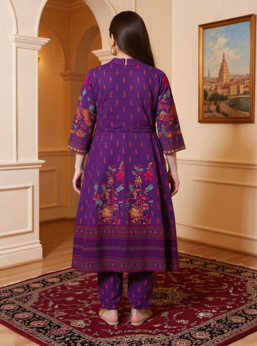 Embroidered Viscose Floral Flared Mauve Kurta