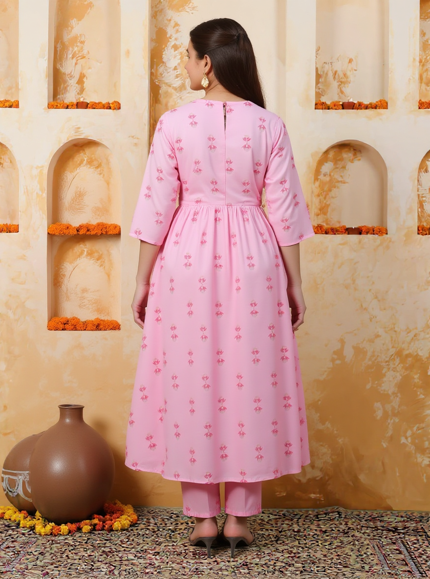 Embroidered Chanderi Ikat Angrakha Baby Pink Kurta