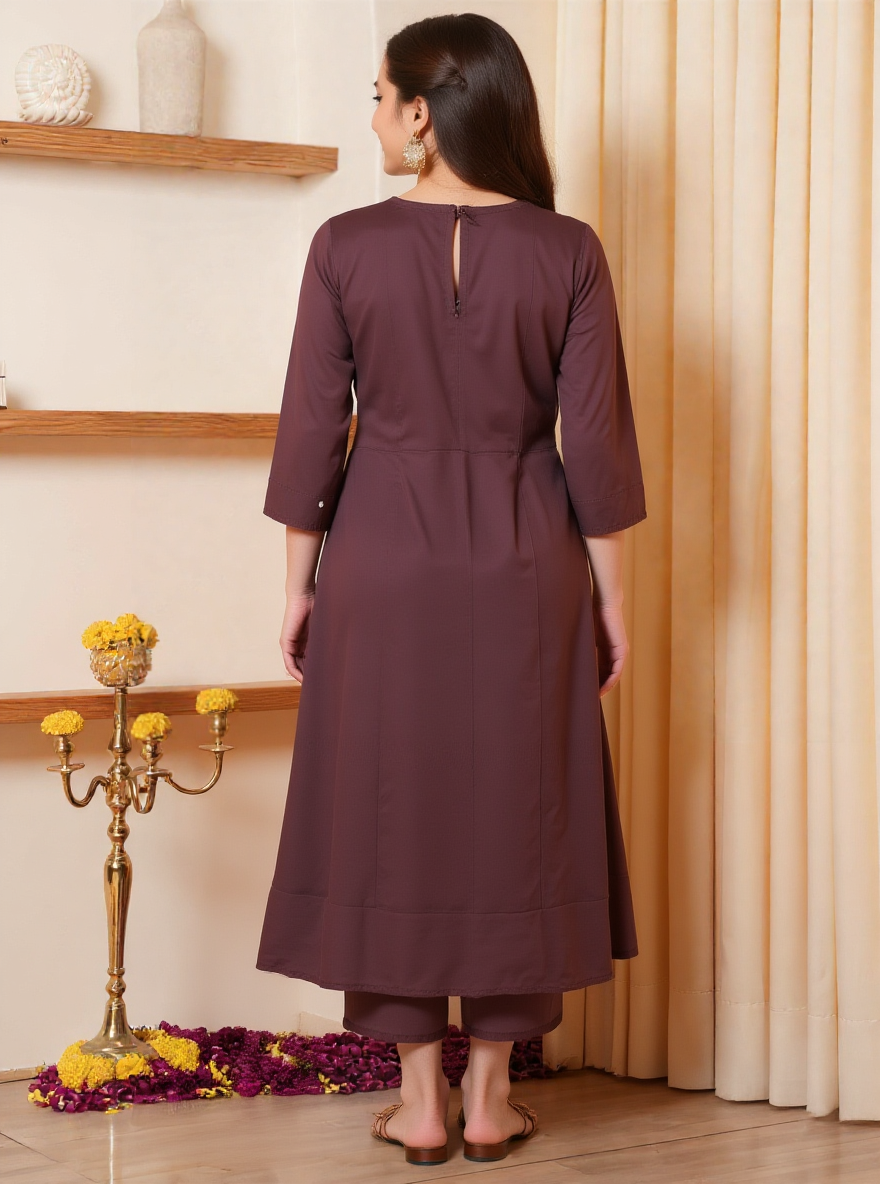 Embroidered Cotton Voile Solid Anarkali Brown Kurta