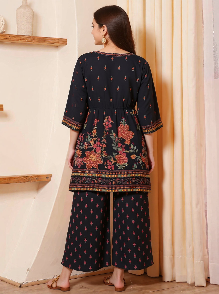 Viscose Floral Kaftan Black Kurta