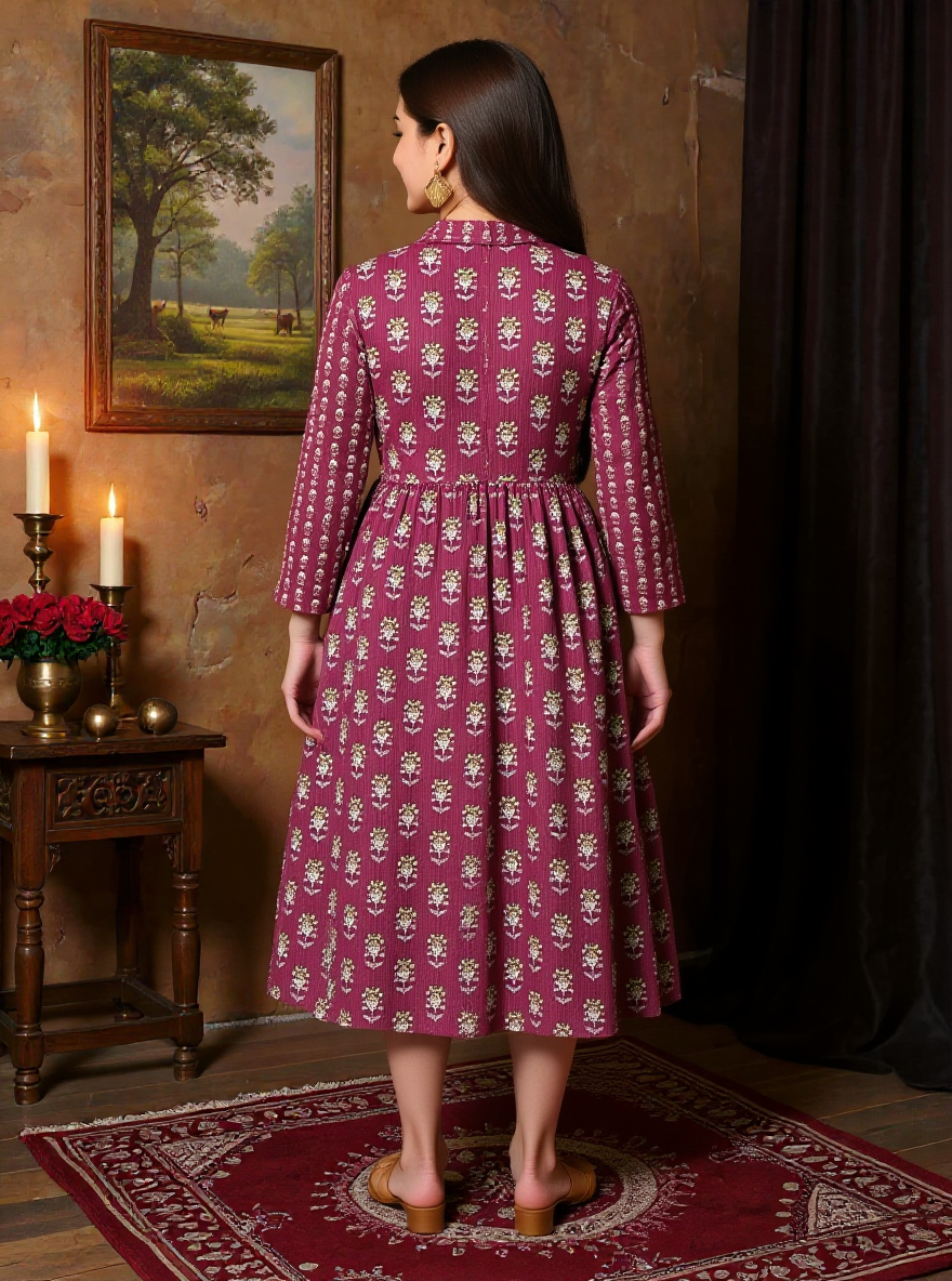 Kantha Cotton Floral Gathered Purple Dress with Necklace