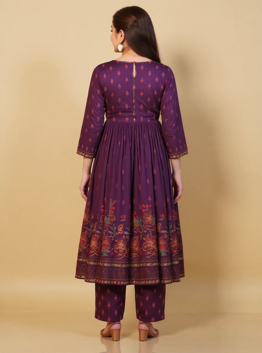 Embroidered Viscose Placement Print Angrakha Mauve Kurta
