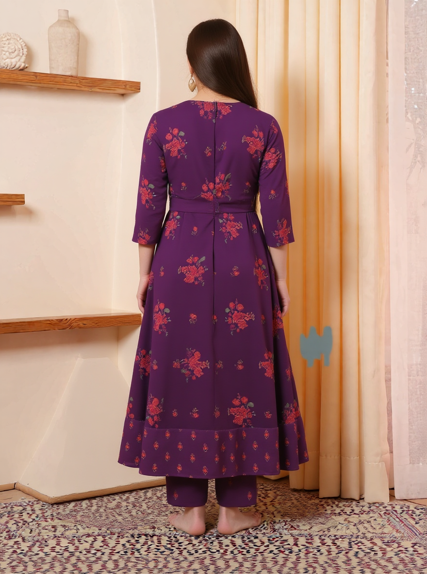 Embroidered Viscose Floral Anarkali Maroon Kurta