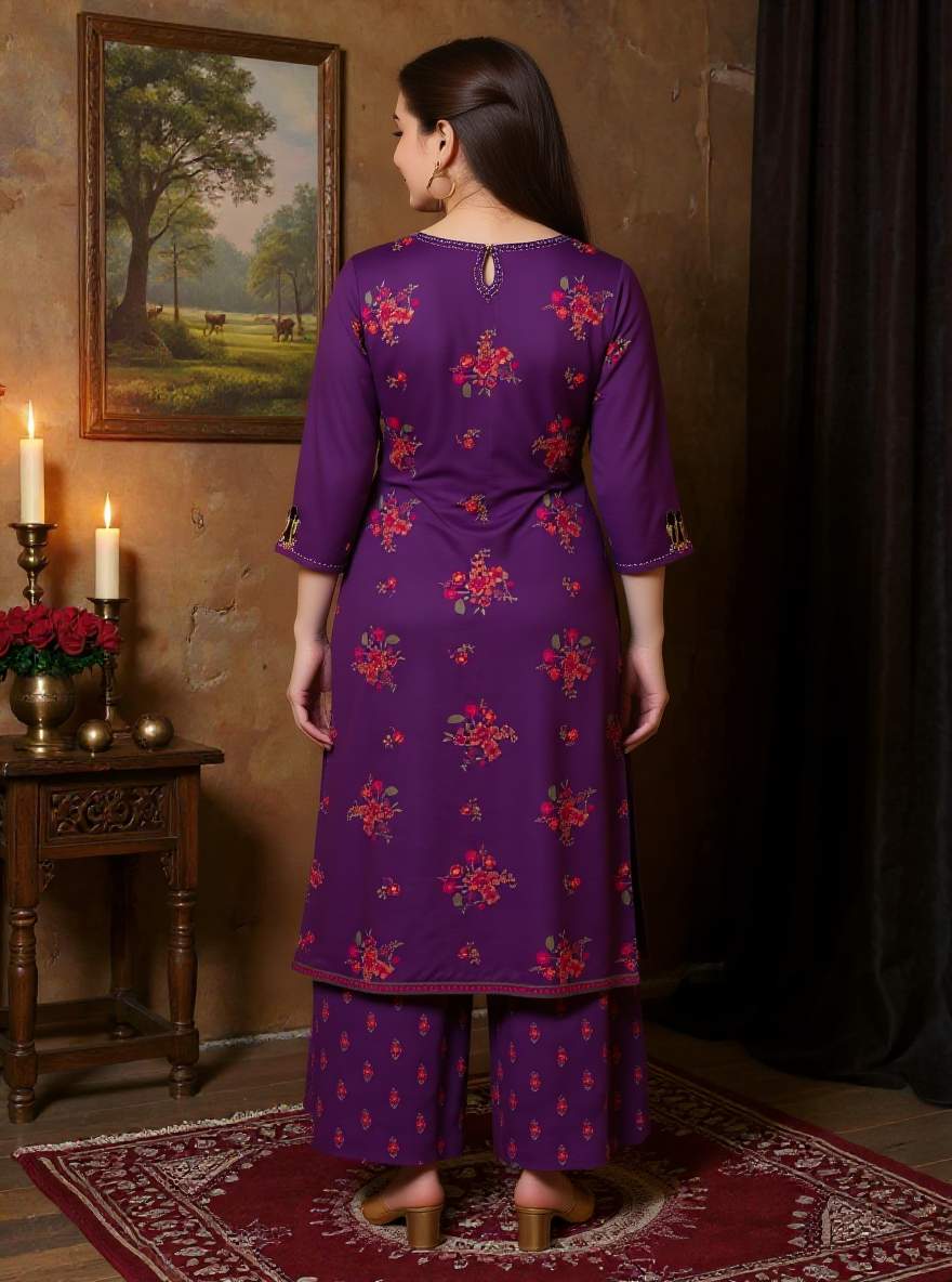 Embroidered Viscose Floral Straight Mauve Kurta