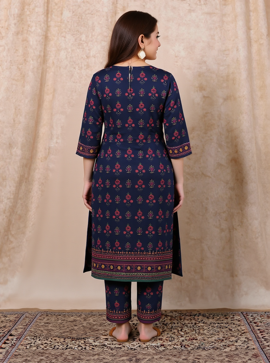 Soft Cotton Floral Straight Blue Kurta