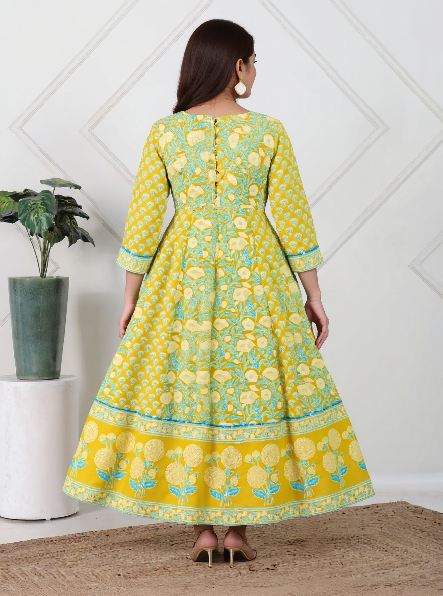 Embroidered Soft Cotton Floral Flared Lemon Yellow Kurta