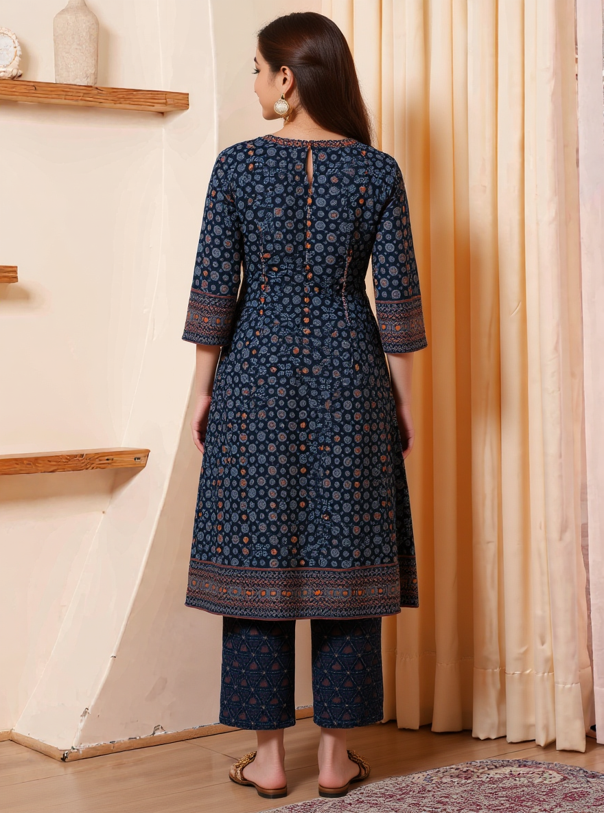 Soft Cotton Geometric Flared Black Kurta