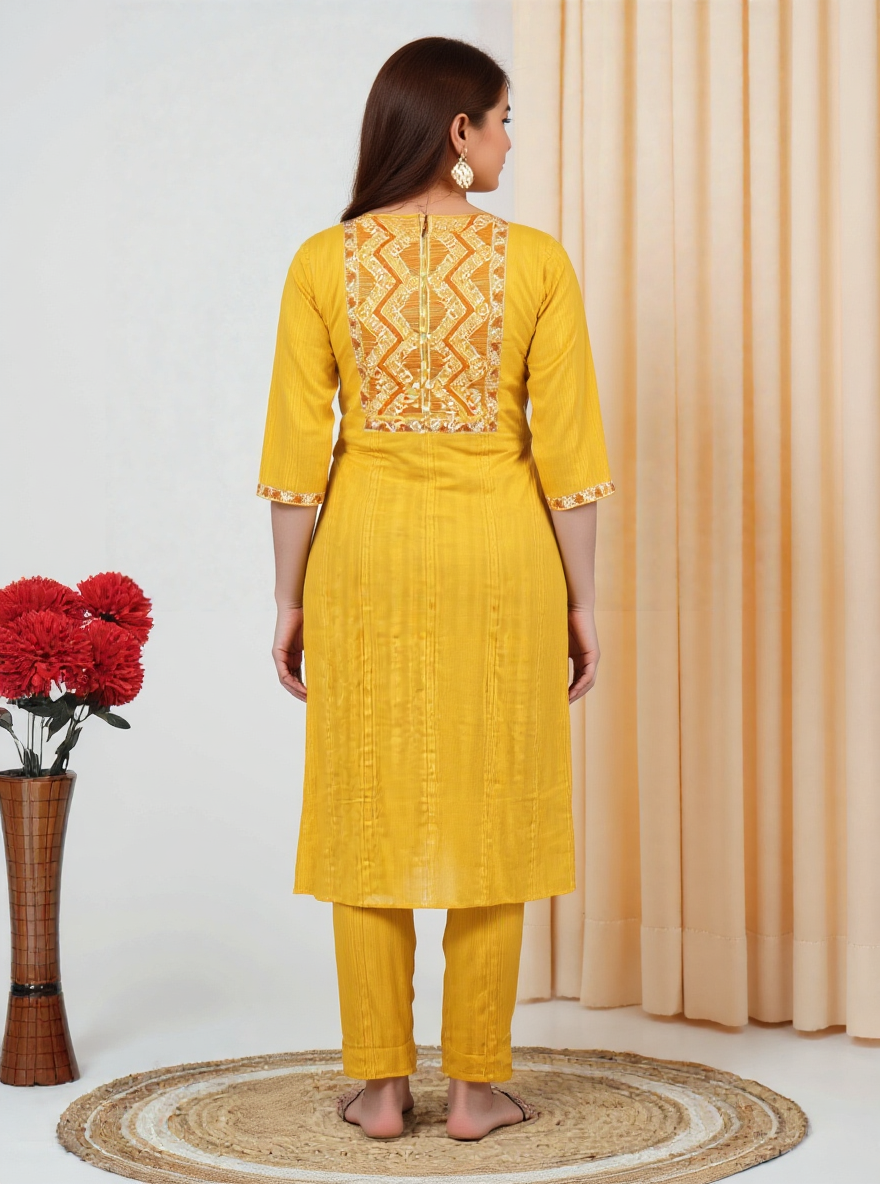 Embroidered Cotton Dobby Solid Yellow Kurta