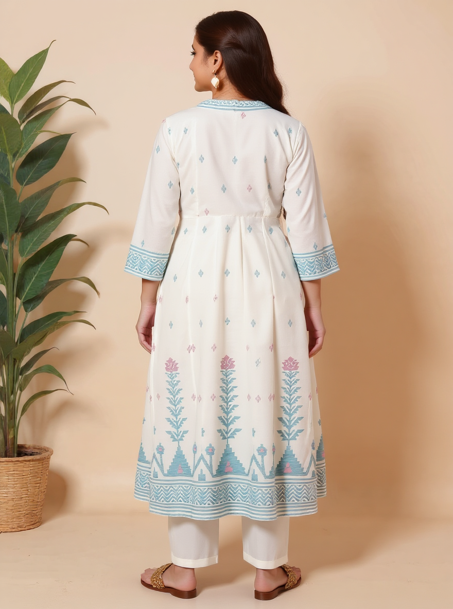Soft Cotton Geometric Angrakha Off White Kurta