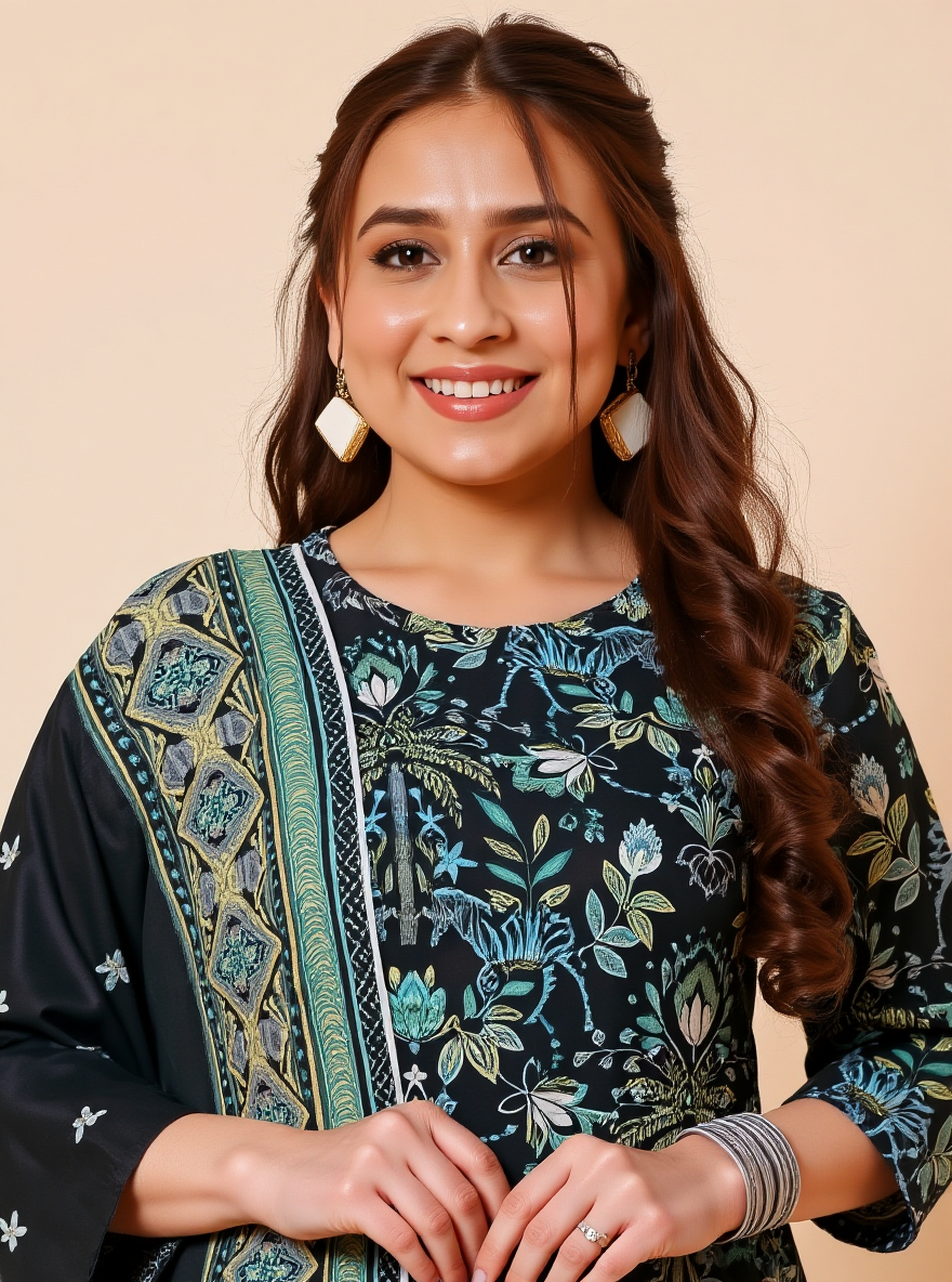 Embroidered Soft Cotton Floral Straight Black Kurta