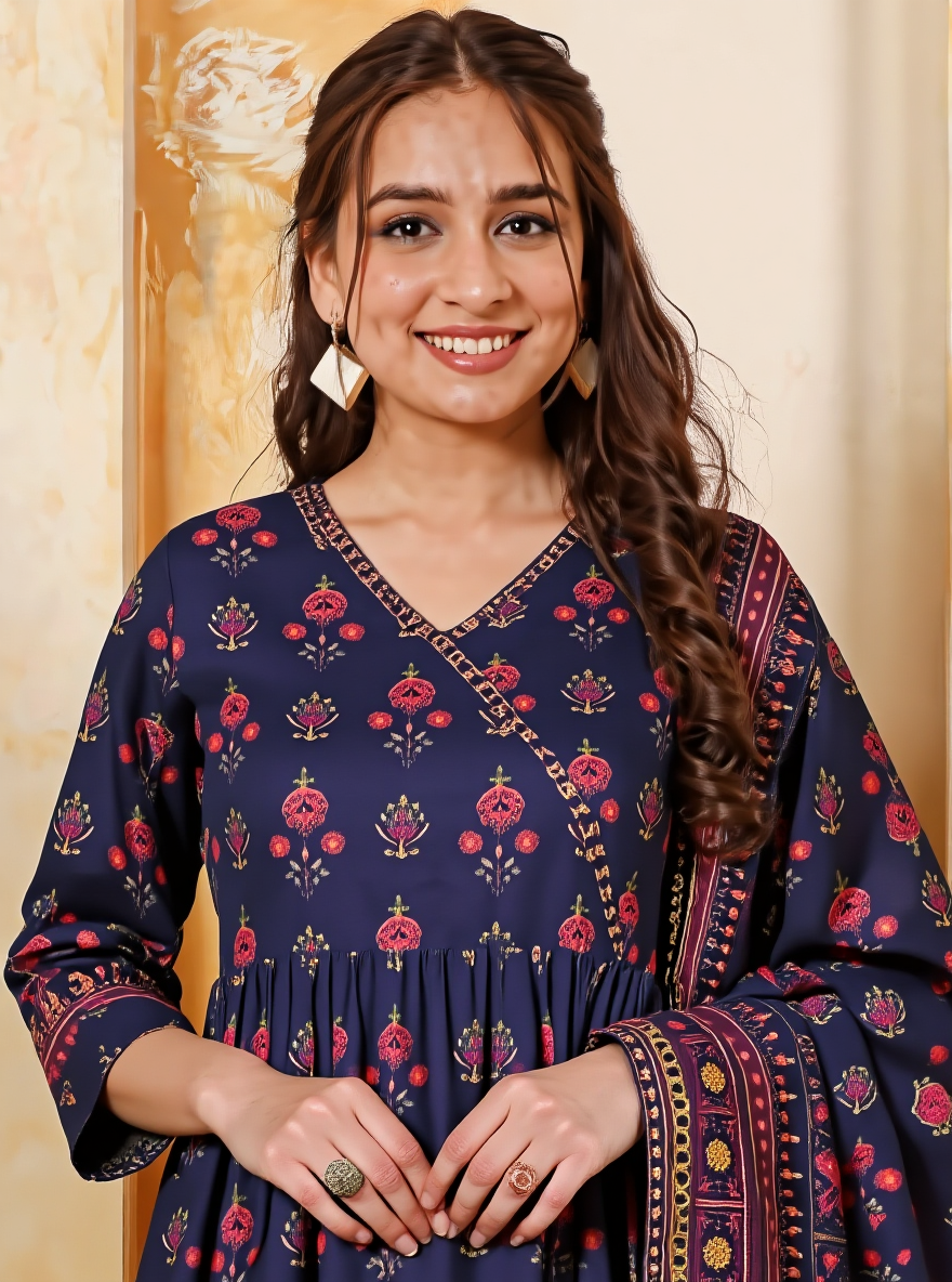 Soft Cotton Geometric Angrakha Purple Kurta